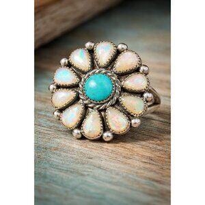 Sterling Silver Turquoise Mother of Pearl Cluster Ring Navajo Style Sz 6.75